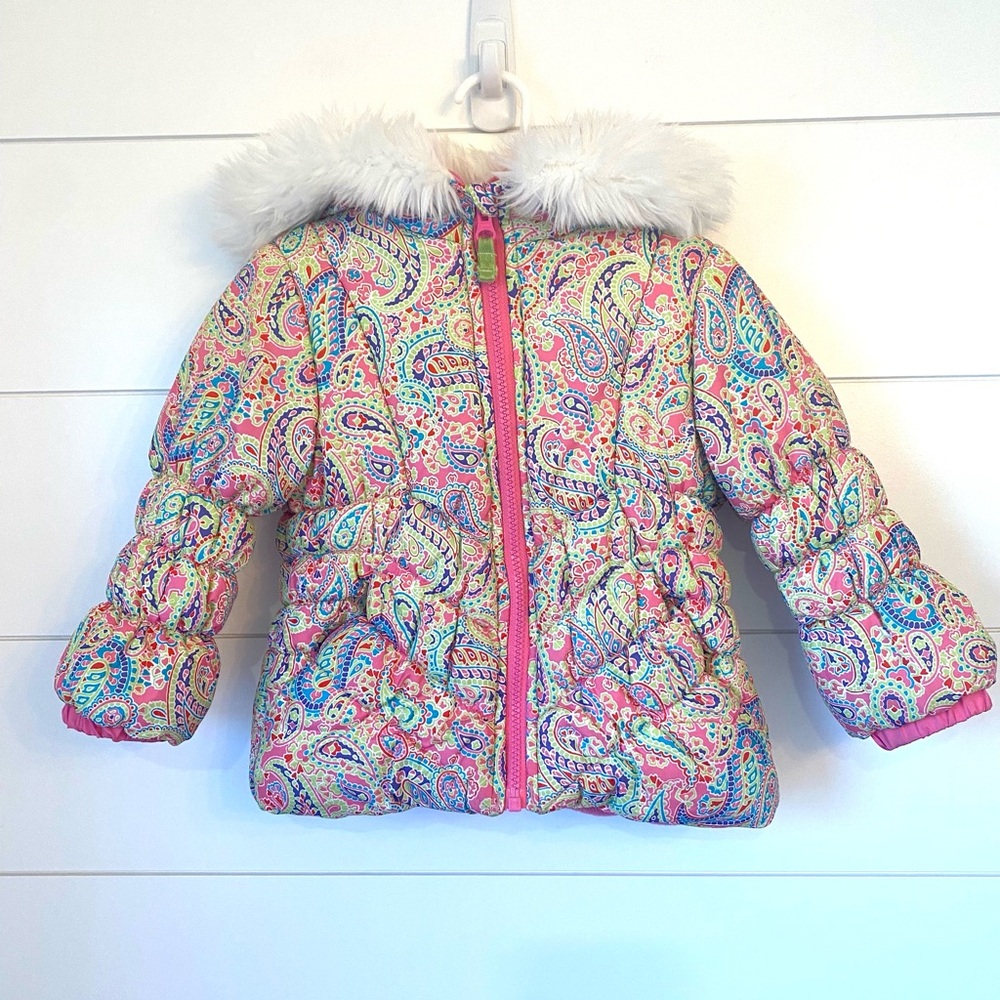 WEATHER TAMER Girls Pink Paisley Hooded Winter Coat. Size 3T